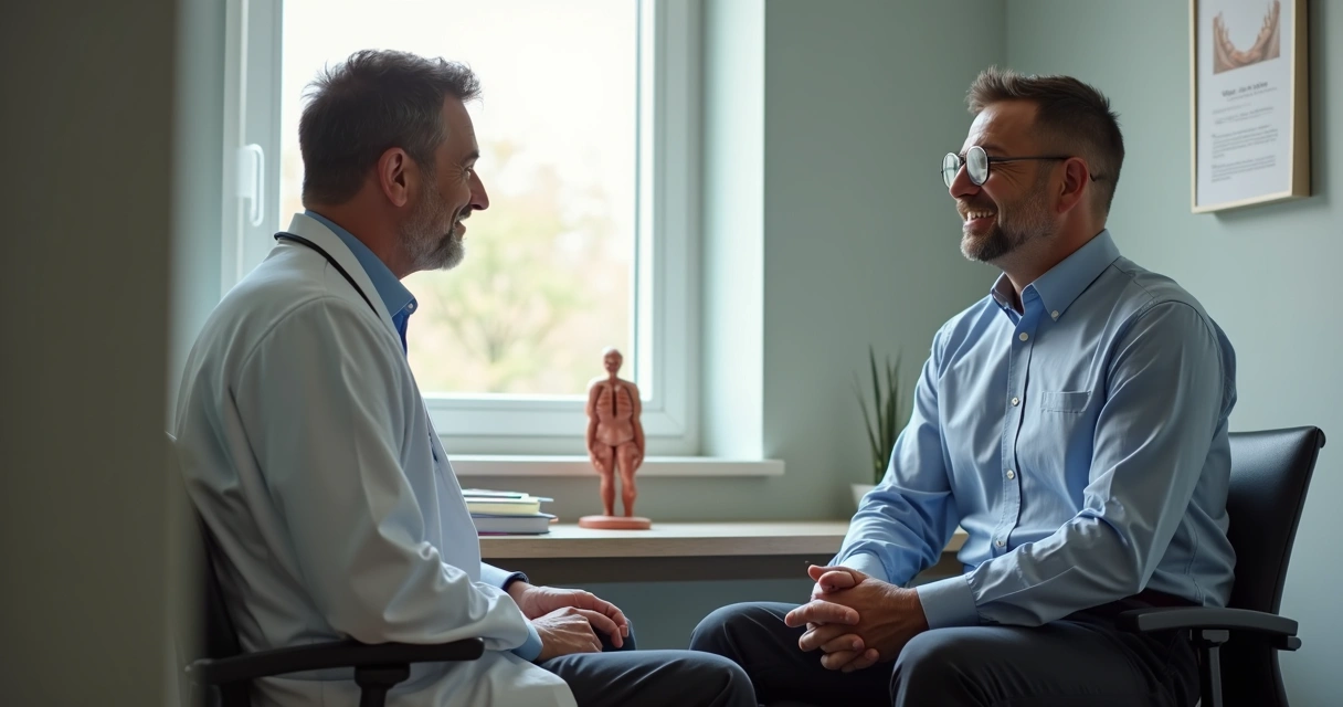 Médico urologista conversando com paciente em consultório 