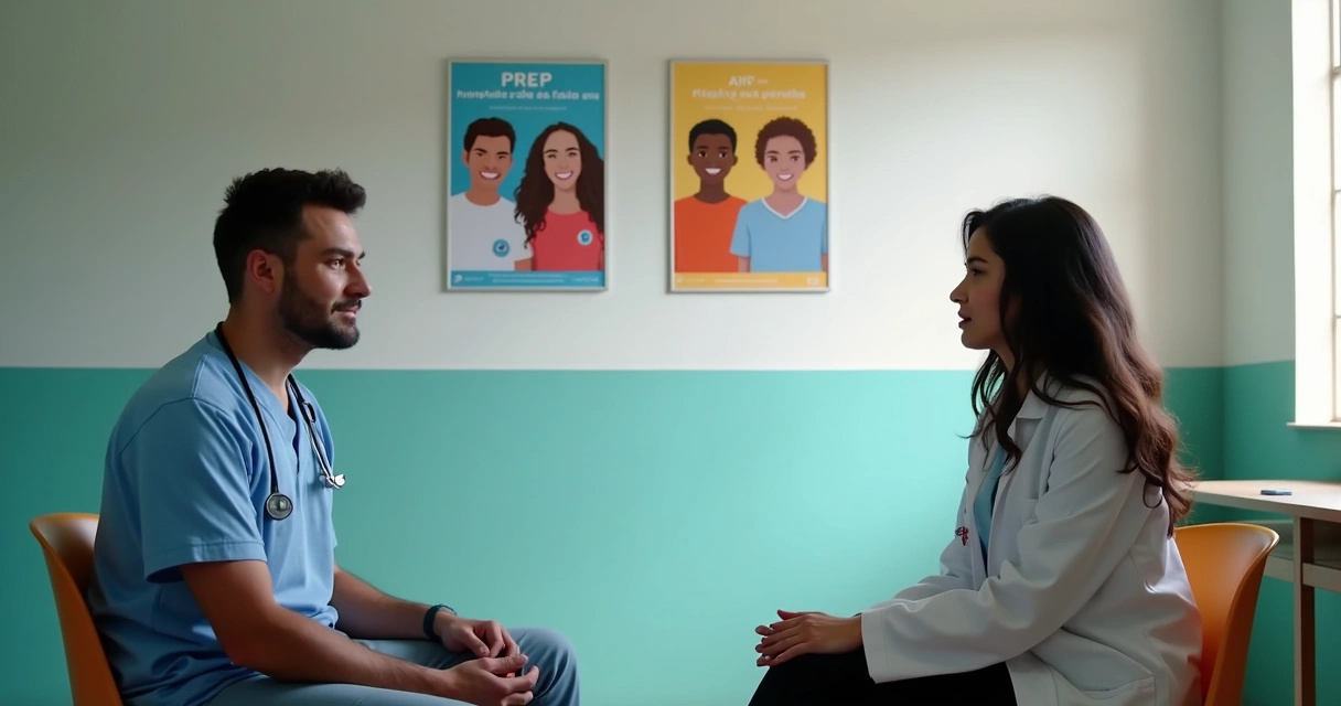 Profissional de saúde e paciente conversando em sala de atendimento SUS