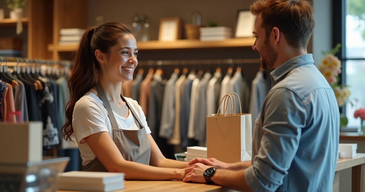 Vendedora cumprimentando cliente na loja com um sorriso 
