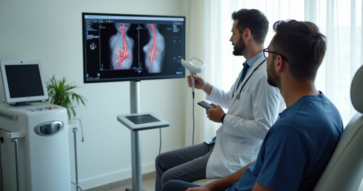 Paciente sendo atendido em consultório vascular com equipamento moderno 