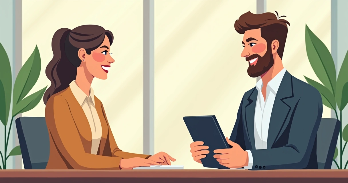 Consultor de vendas sorrindo enquanto apresenta upgrade a cliente em reunião presencial 