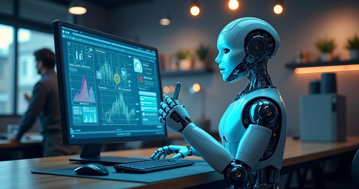 Computador e smartphone exibindo chatbot de atendimento e gráficos de vendas em ambiente moderno 