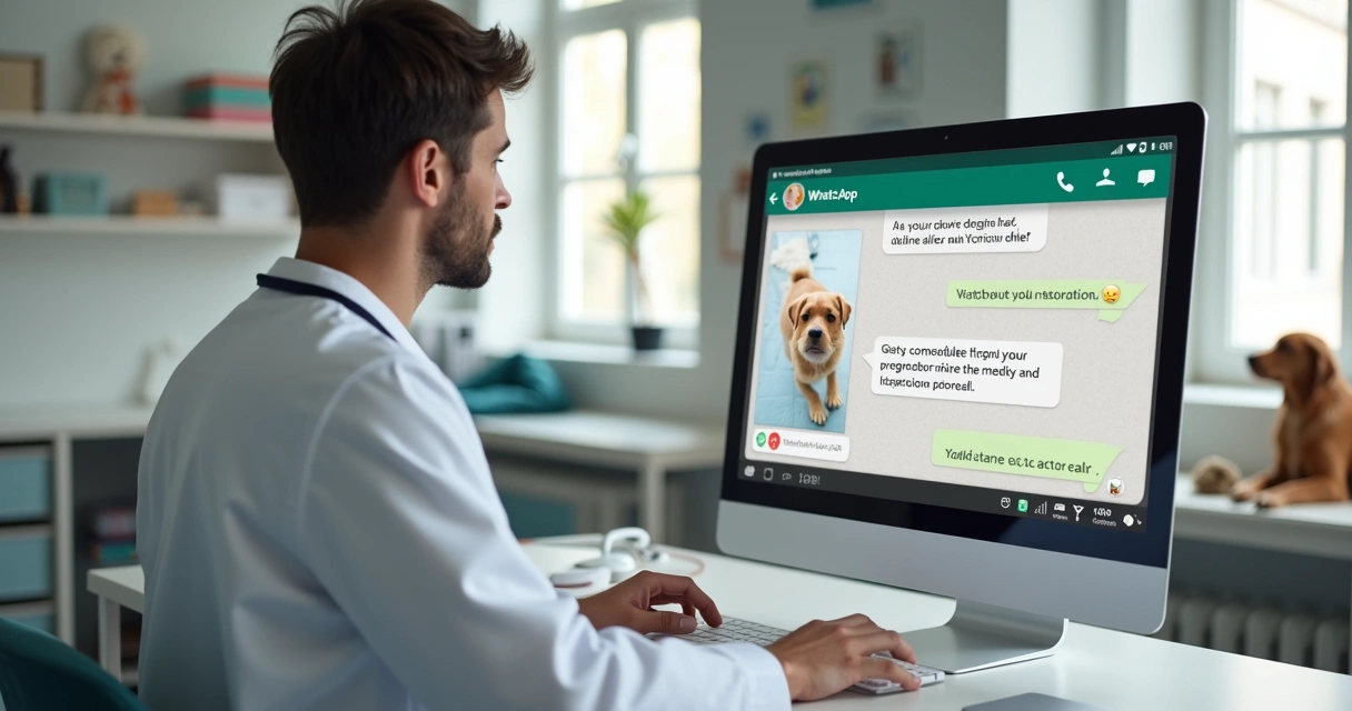 Veterinário ao lado de computador, tela mostrando conversa automatizada de WhatsApp