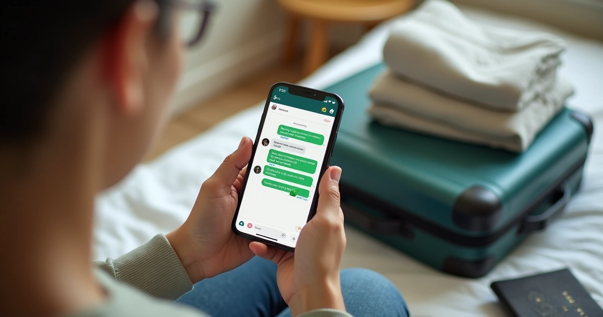 Atendimento por WhatsApp para seguro viagem com mala ao fundo 