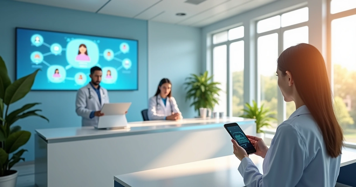 Assistente virtual atendendo paciente em clínica médica 