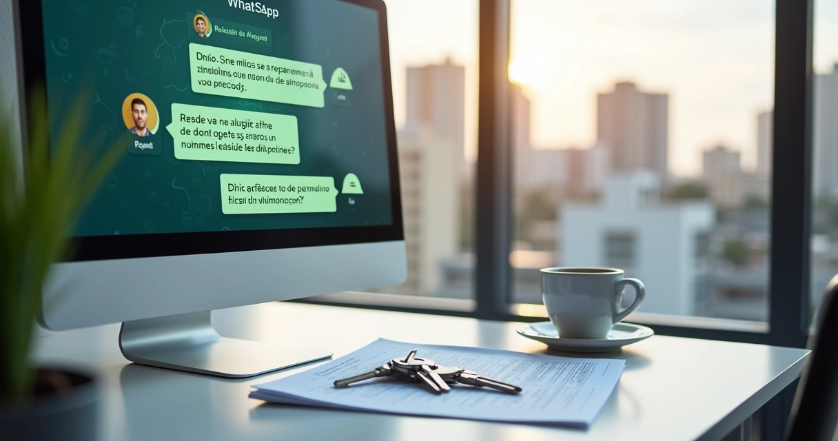 Assistente virtual em tela de computador atendendo locatário com dúvidas de aluguel em ambiente de escritório 