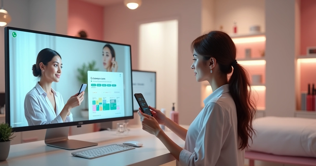Recepcionista virtual virtual conversa com cliente de clínica de estética pelo WhatsApp, tela com agenda aberta no computador ao fundo 