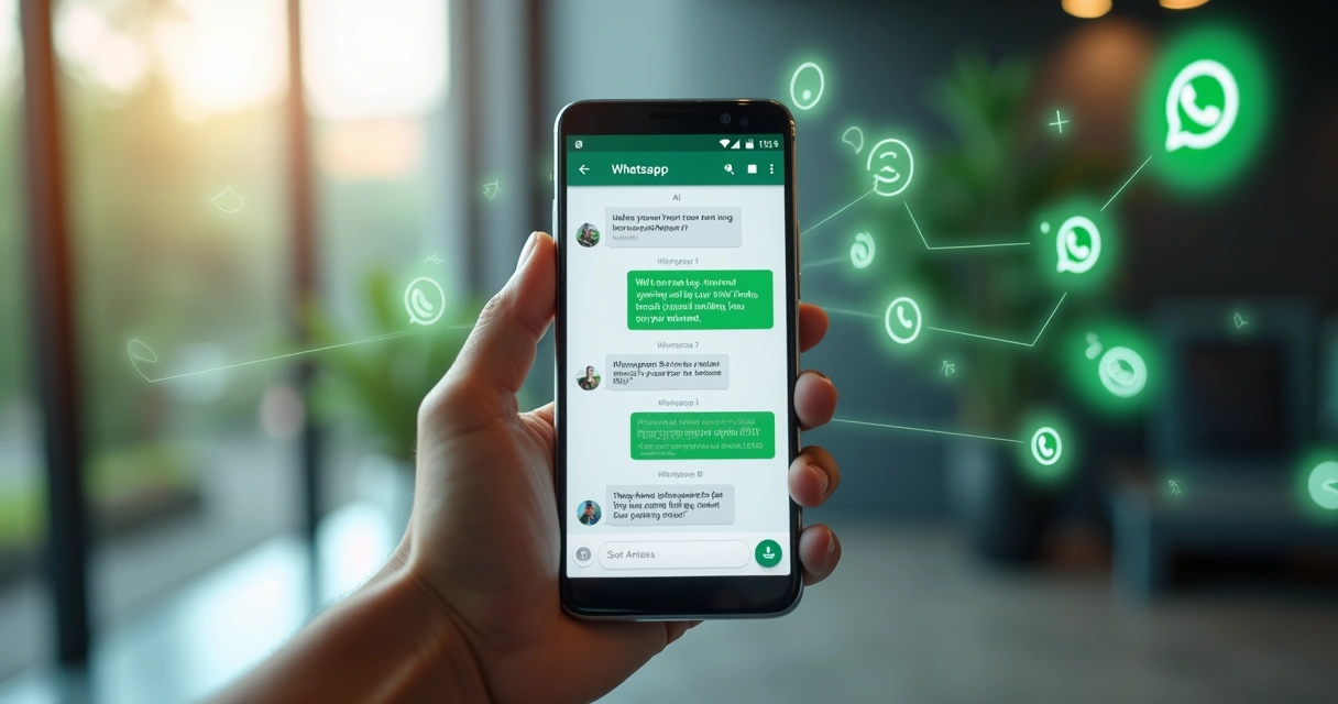 Tela de smartphone exibindo conversa automatizada no WhatsApp com assistente virtual IA ativo