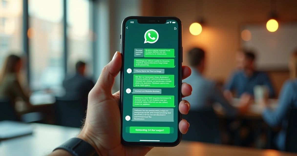 Tela de smartphone exibindo conversa ativa em WhatsApp com mensagem automática de atendimento 24 horas 