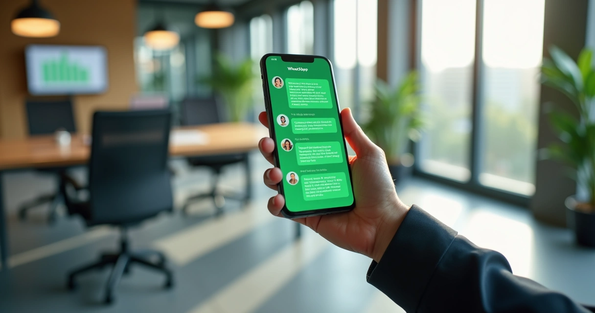 Tela de smartphone mostrando conversa automatizada no WhatsApp com mensagens de atendimento ao cliente 24 horas.