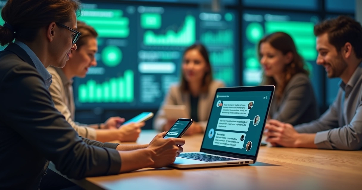 Mesa de trabalho com computador mostrando tela de chat do WhatsApp Business, gráficos de vendas e equipe atendendo via celular 