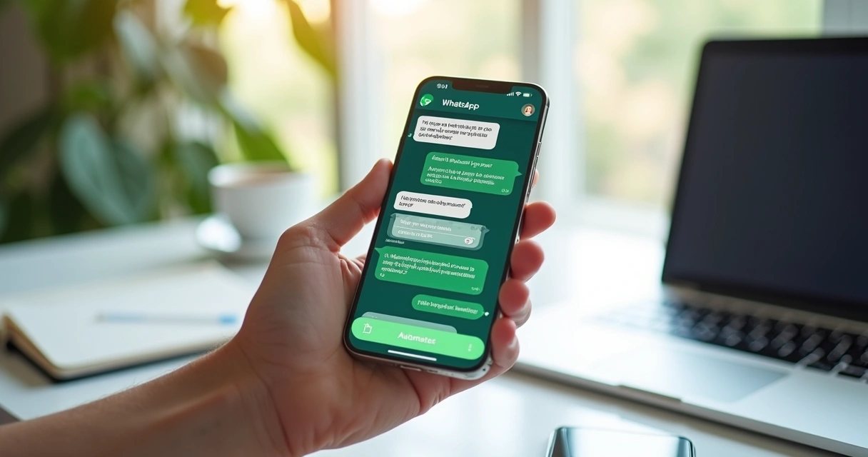 Tela de smartphone mostrando conversa automatizada no WhatsApp com mensagens de agendamento e respostas automáticas