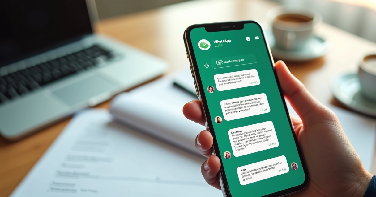 Tela de smartphone exibindo conversa automatizada no WhatsApp com interface limpa e moderna