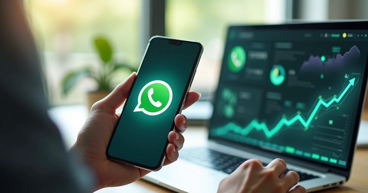 Pessoa usando smartphone com tela mostrando conversa ativa no WhatsApp e gráficos de crescimento ao fundo 