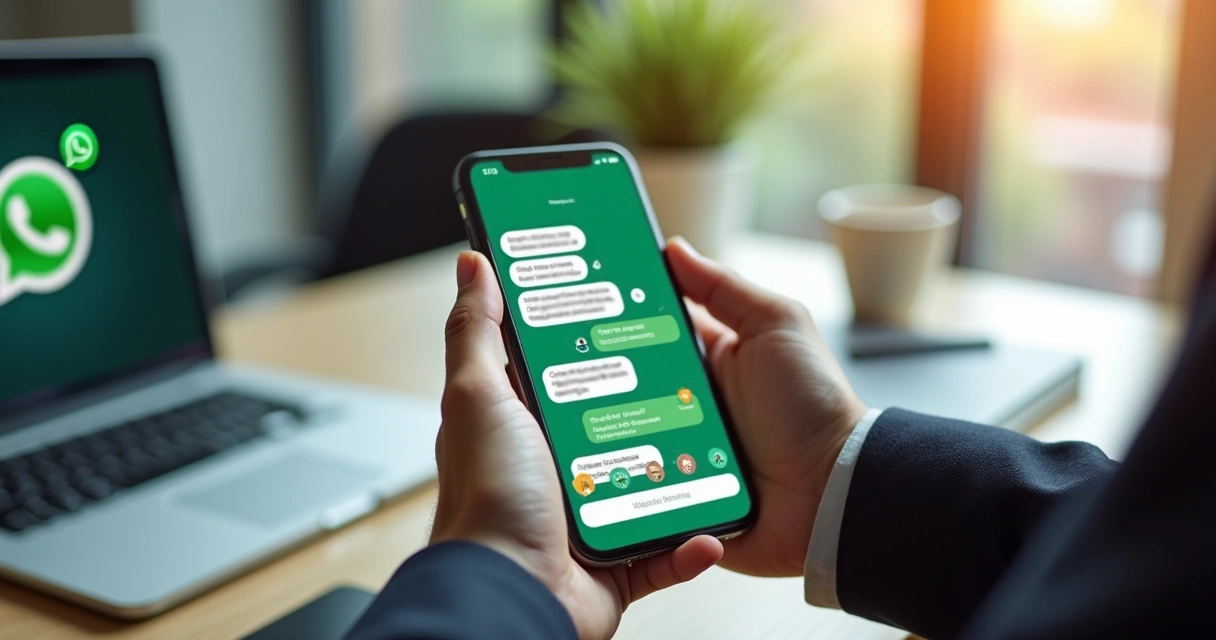 Tela de celular mostrando conversa automatizada no WhatsApp com respostas rápidas e notificações de atendimento ativo 