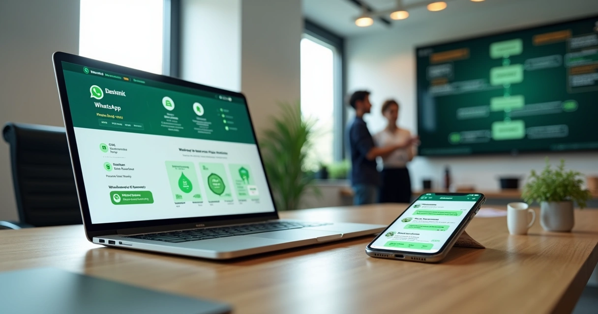 Gestor observa painel de chatbot em tela com conversas de WhatsApp automatizadas 