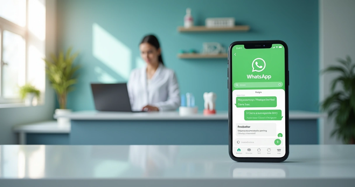 Tela de WhatsApp com agendamento odontológico e atendente ao fundo 