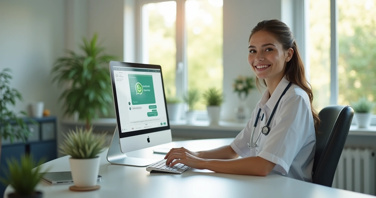 Recepcionista sorrindo responde paciente pelo WhatsApp no computador 