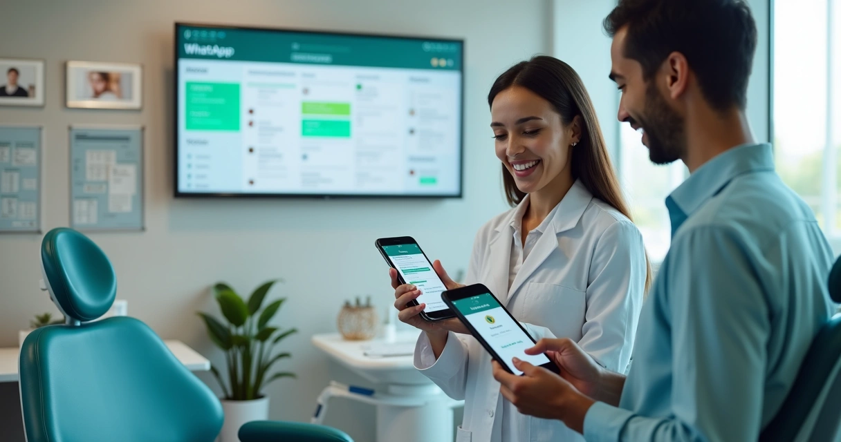 Equipe de clínica odontológica atendendo pacientes via WhatsApp com organização e tecnologia 