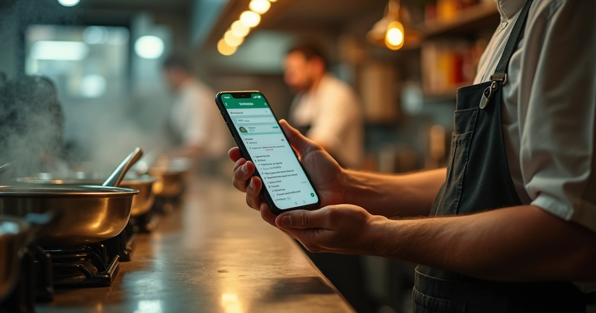 Cozinha de restaurante com atendente usando WhatsApp no celular