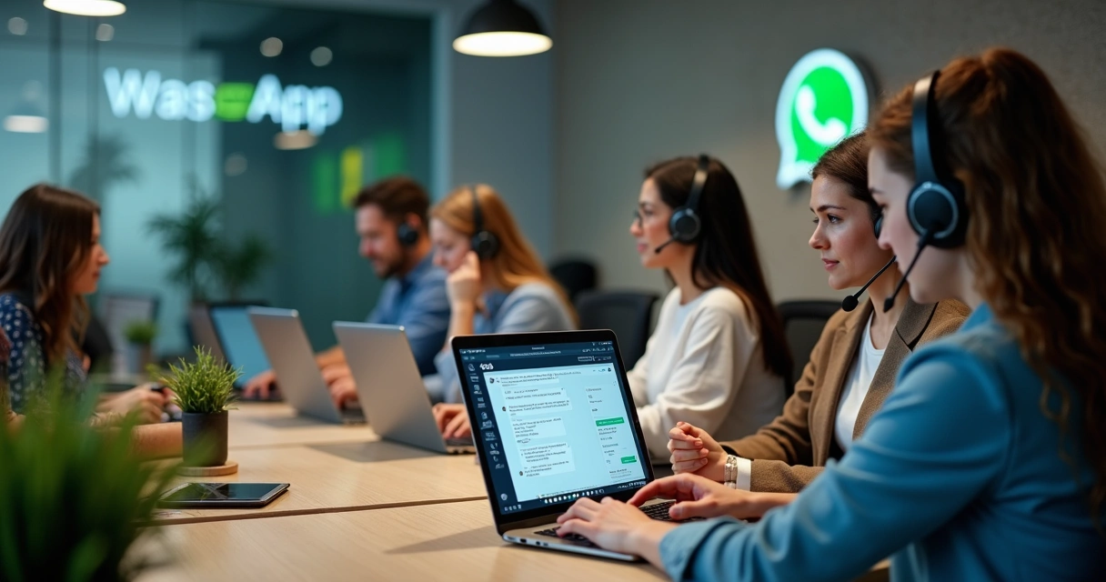 Equipe de atendimento digital usando WhatsApp Web em laptops em ambiente empresarial. 