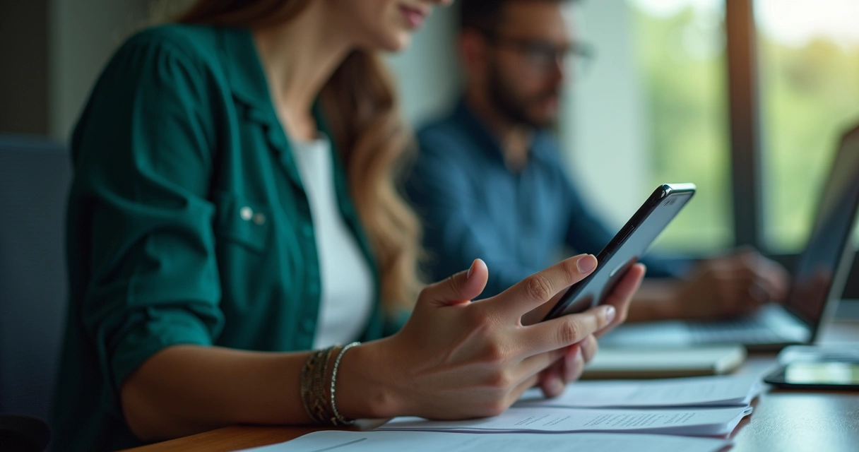 Equipe de atendimento empresarial usando WhatsApp em computadores e celulares organizando mensagens em um ambiente moderno 