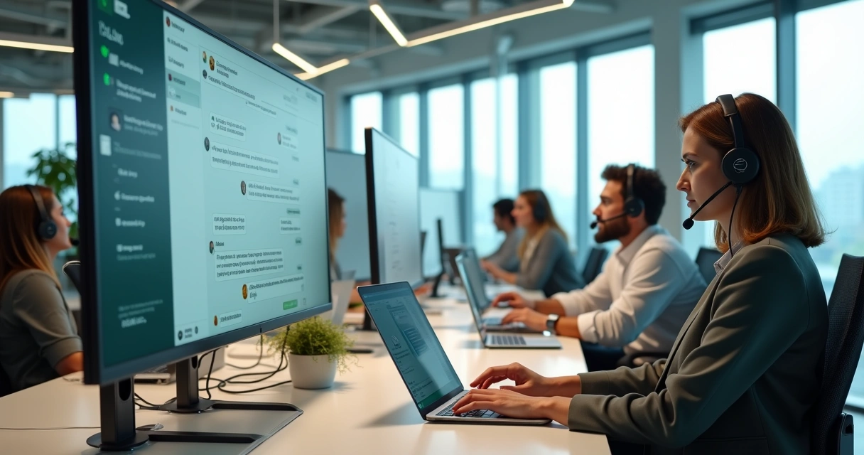 Equipe de atendimento usando painel de WhatsApp centralizado em ambiente corporativo 