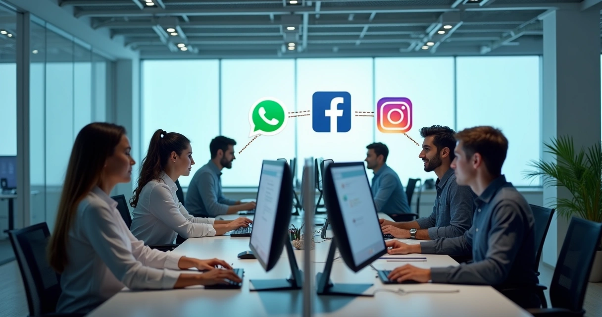 Atendimento pelo WhatsApp Business em um escritório moderno com equipe concentrada 