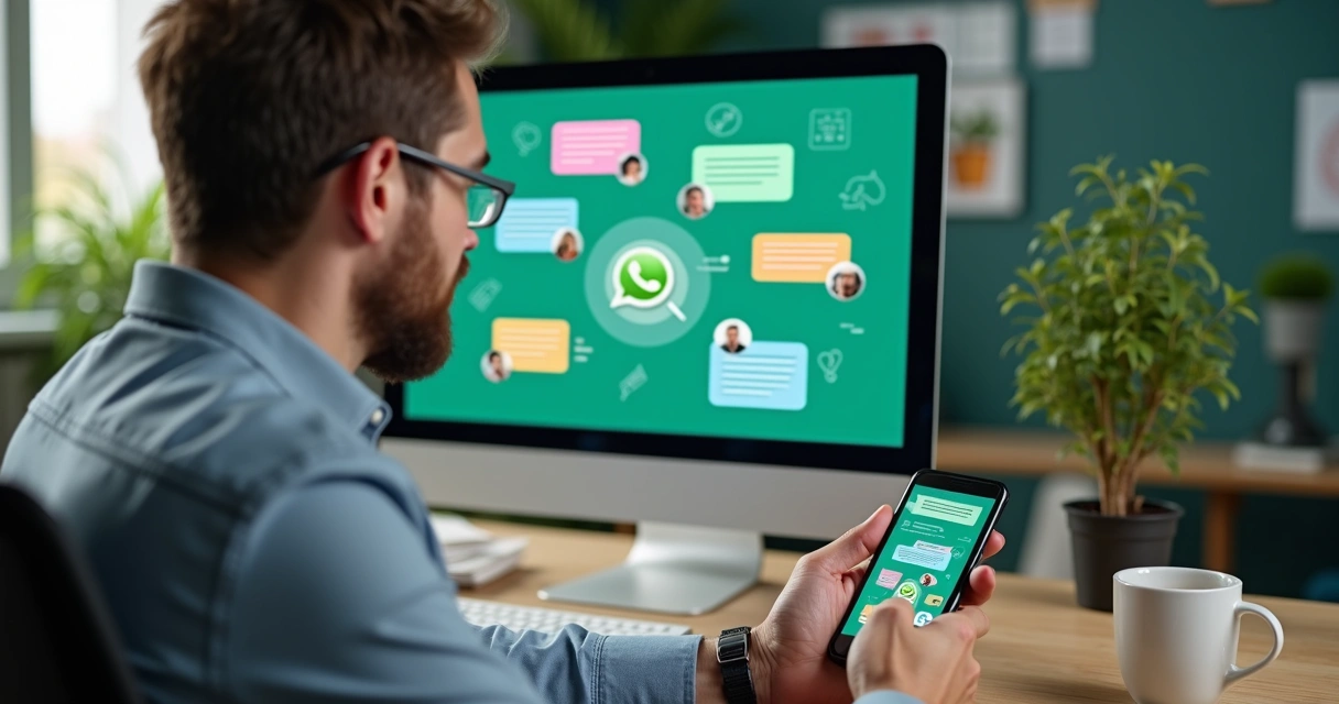 Profissional atendendo clientes pelo WhatsApp em ambiente de escritório 