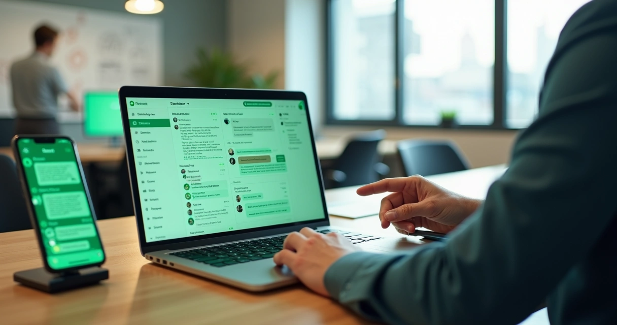 Atendente de PME usando painel de automação integrado ao WhatsApp Business no notebook 