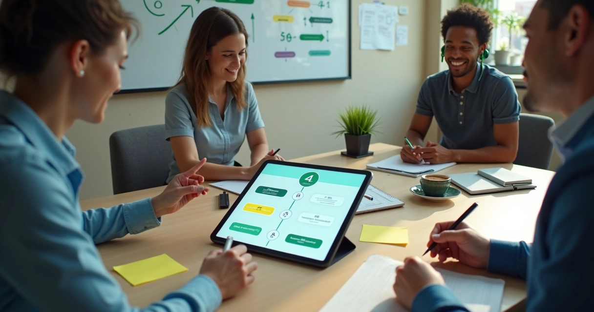 Equipe vendo passo a passo de atendimento via WhatsApp em tablet sobre mesa de trabalho 