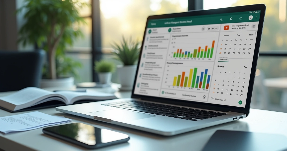 Mesa de trabalho com smartphone mostrando conversa no WhatsApp Business, notebook com gráficos de vendas e calendário destacando horários de atendimento 
