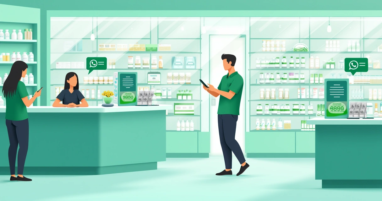 Farmácia moderna com funcionário atendendo cliente pelo WhatsApp, cartazes promocionais visíveis.