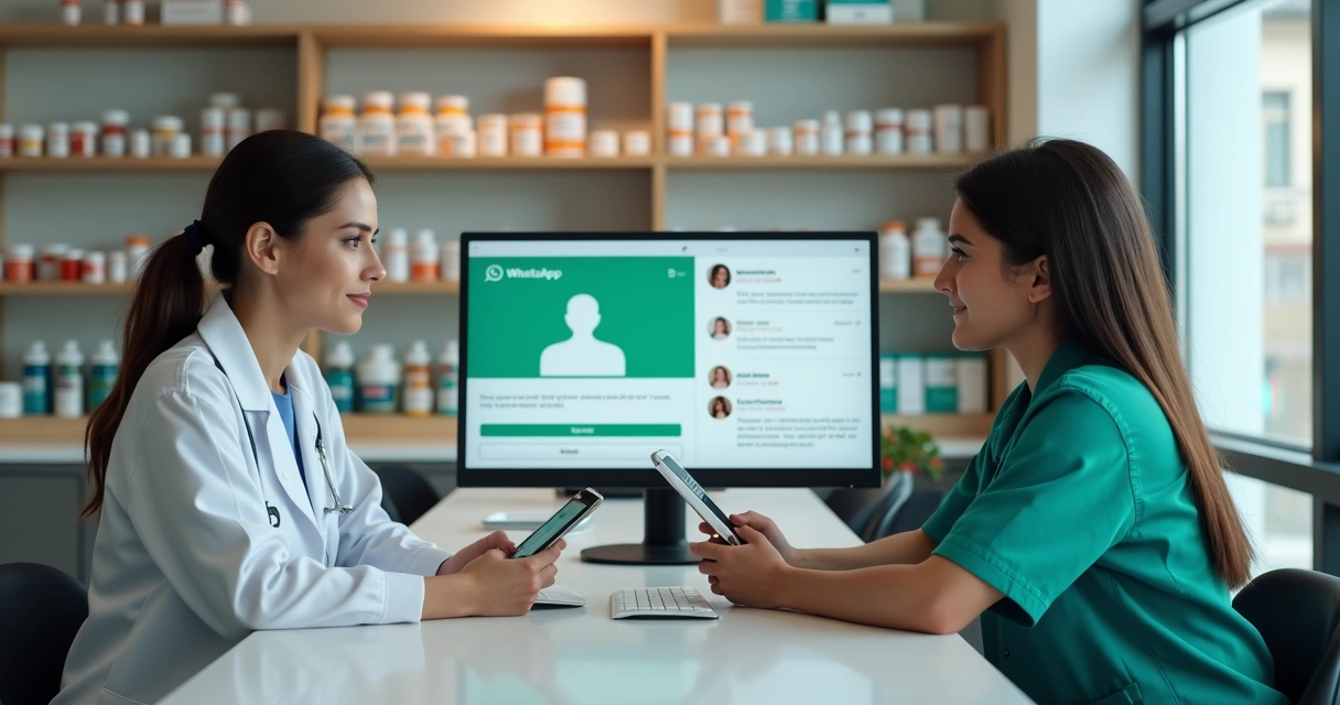 Equipe de farmácia usando WhatsApp para atendimento e vendas ao cliente 