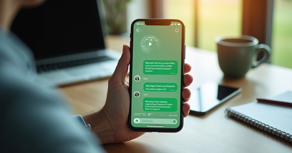 Pessoa segurando smartphone com conversa automatizada no WhatsApp 