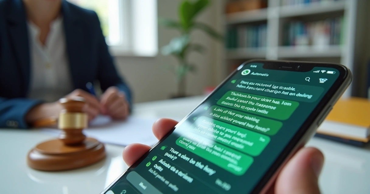 Chat jurídico automatizado via WhatsApp em tela de celular 