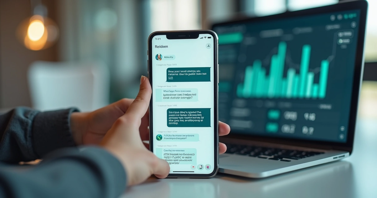 Conversa de atendimento com IA no celular e análise em segundo plano