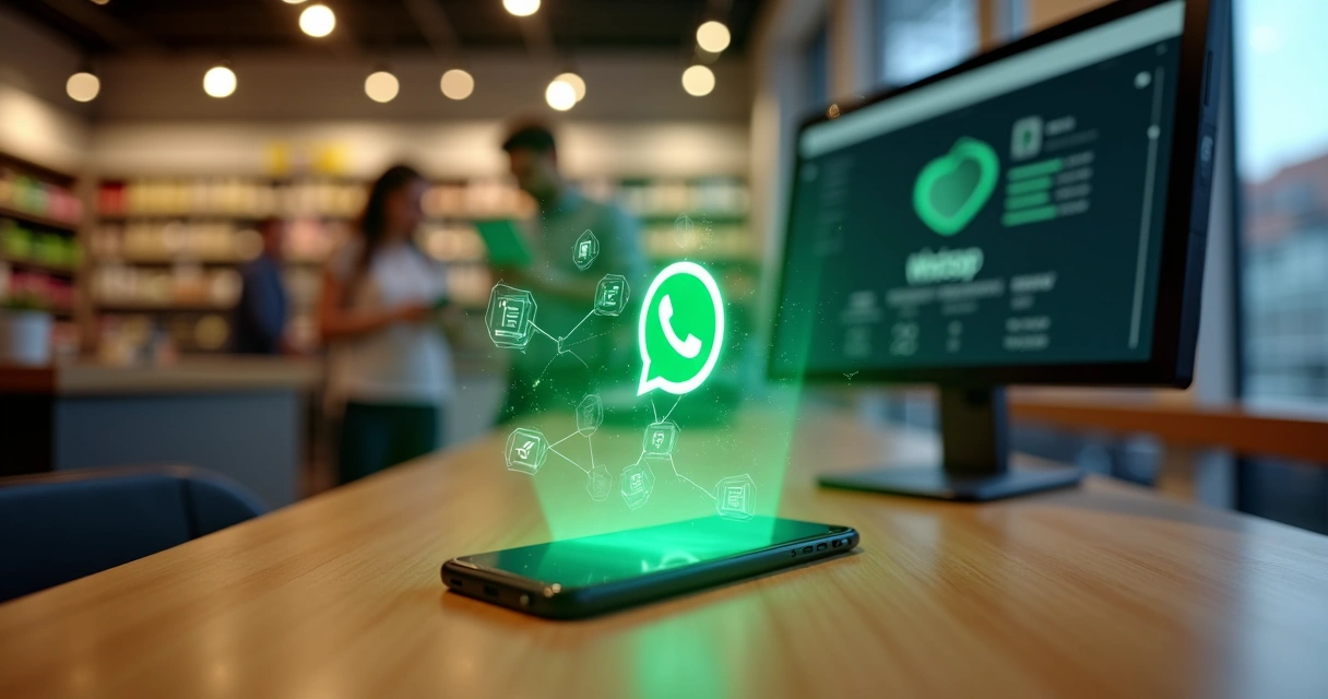 Mesa de atendimento com celular projetando ícones de IA e WhatsApp 