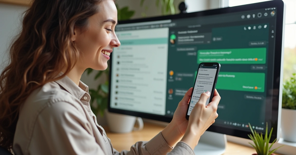 Pessoa digitando resposta em WhatsApp em ambiente de trabalho, tela mostrando conversa amigável 