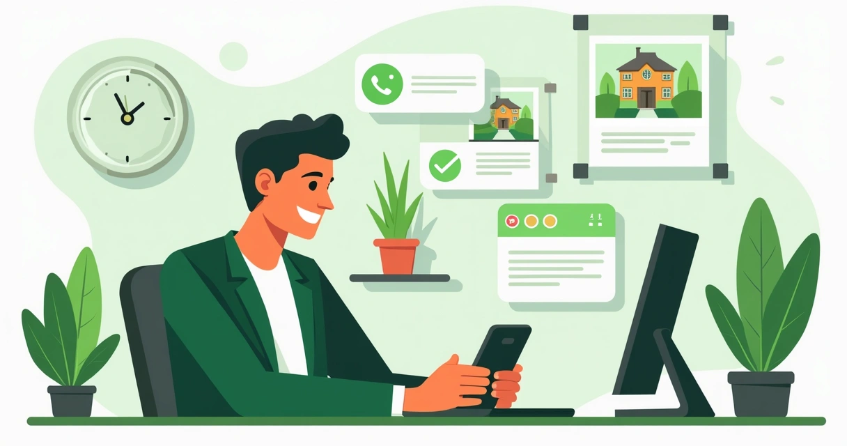 Corretor atende clientes pelo WhatsApp em ambiente imobiliário moderno 