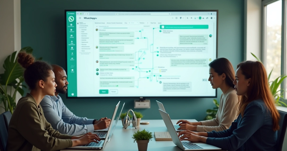 Equipe de atendimento analisando fluxos de mensagens no WhatsApp 