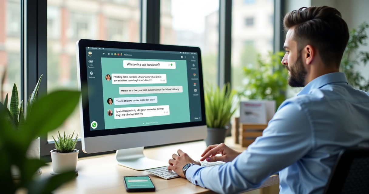 Atendente da imobiliária respondendo ao cliente por WhatsApp via sistema online 