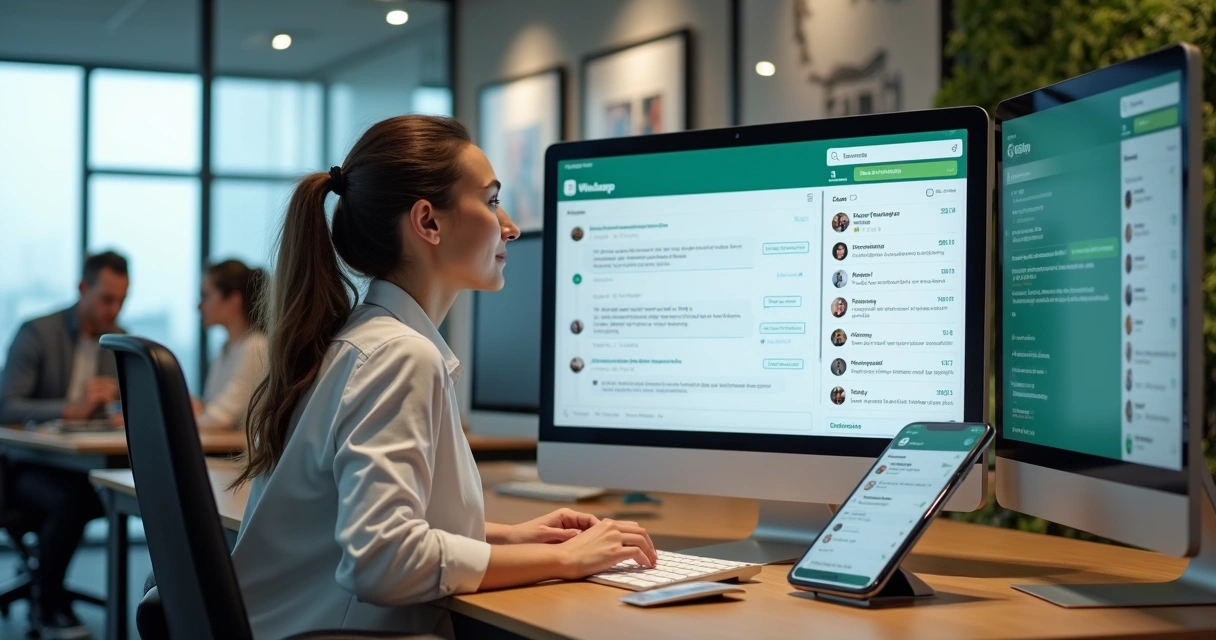 Corretora atendendo cliente pelo WhatsApp em imobiliária com painel de CRM ao fundo 