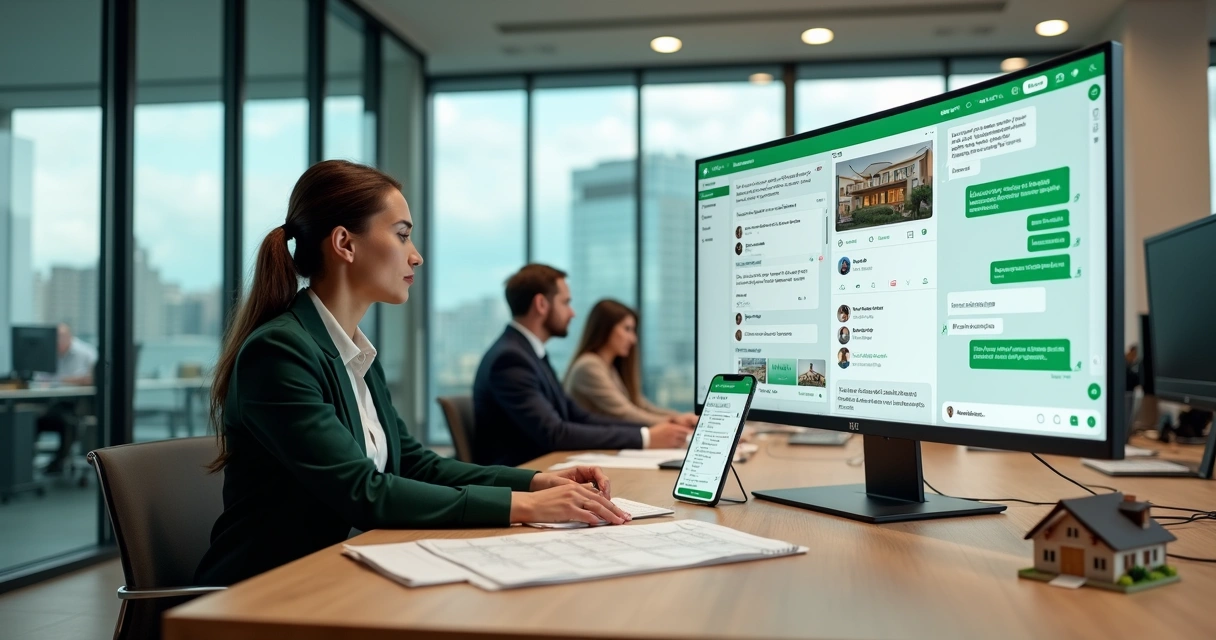 Corretora atendendo lead imobiliário em plataforma de WhatsApp no computador e no celular 