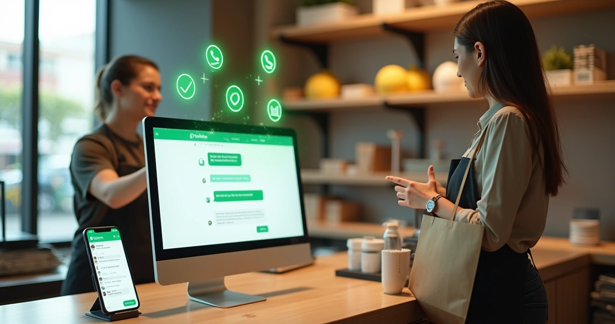 Vendedor em loja física atendendo cliente pelo WhatsApp no computador e no celular 