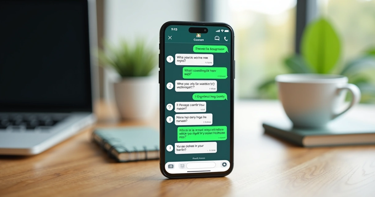 Mesa de trabalho com smartphone mostrando chat de WhatsApp dividido em duas telas, uma com conversa manual e outra com respostas automáticas, ambiente moderno com iluminação natural