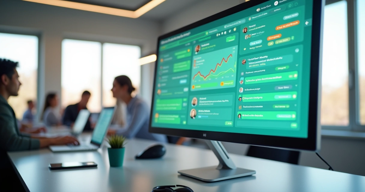 Tela de computador exibindo plataforma de atendimento multiagente para WhatsApp com dashboard colorido e organização de filas de mensagens 