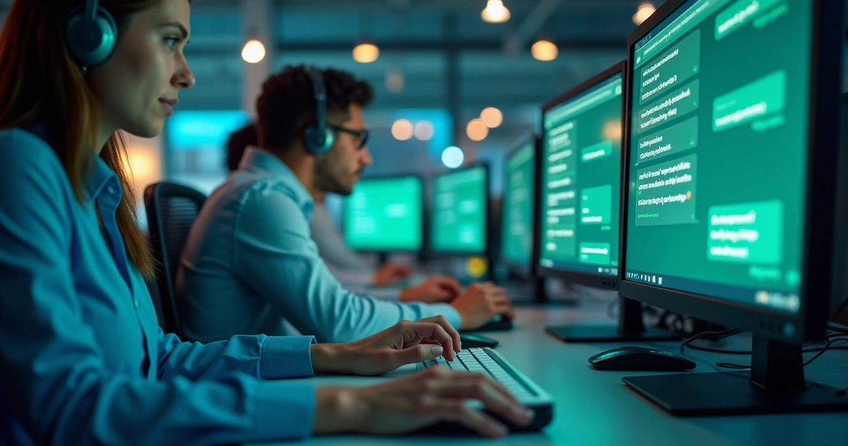 Equipe de atendimento gerenciando vários chats WhatsApp em ambiente profissional