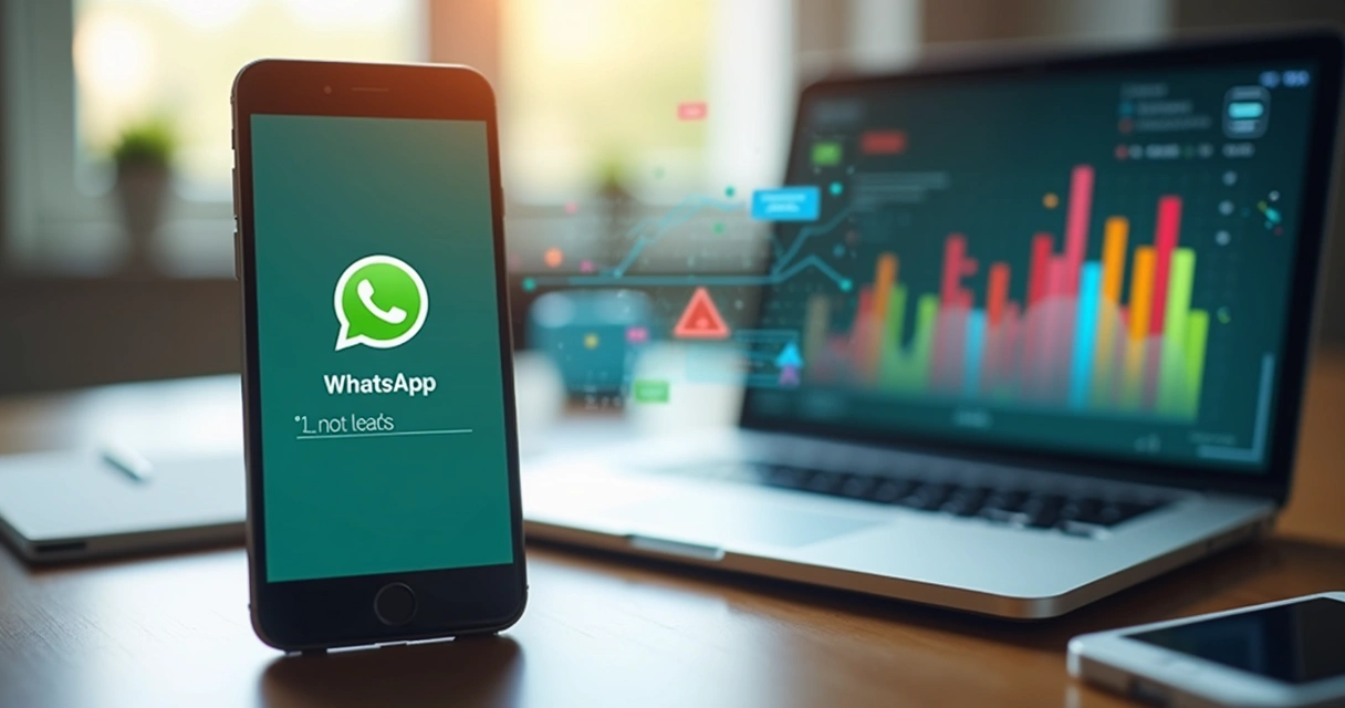 Tela de celular mostrando conversa no WhatsApp com mensagem não respondida e gráfico de leads perdidos ao fundo 