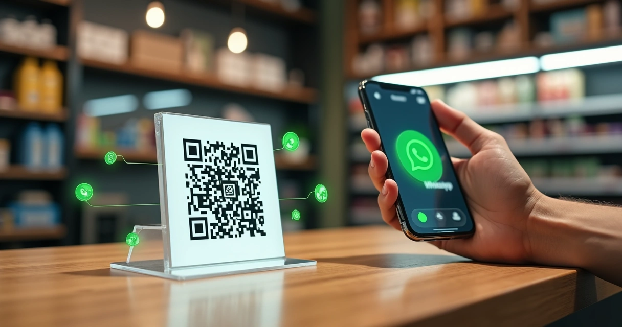 Cliente usando QR code em balcão de loja para abrir conversa no WhatsApp 